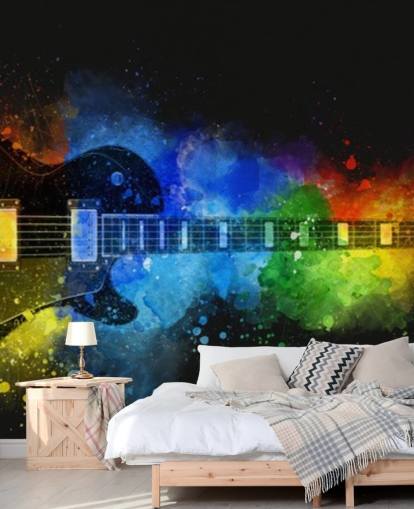 colourful paint around guitar wallpaper
