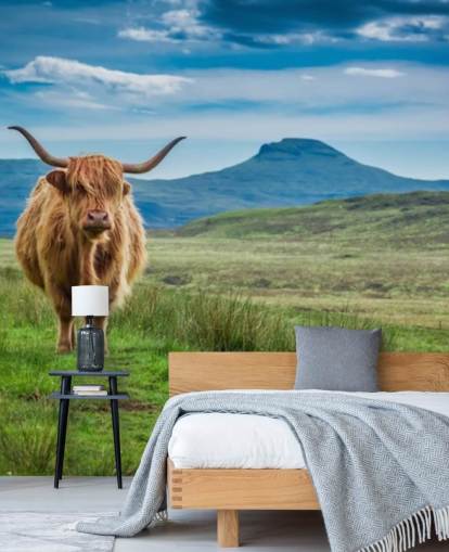 mural de papel de parede de vaca personalizável marrom, azul e verde chamado Grazing Highland Cow mural de papel de parede de vaca personalizável marrom, azul e verde chamado Grazing Highland Cow