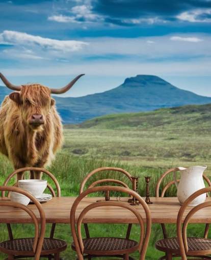 brown, blue and green customisable cow wallpaper mural called Grazing Highland Cow brown, blue and green customisable cow wallpaper mural called Grazing Highland Cow