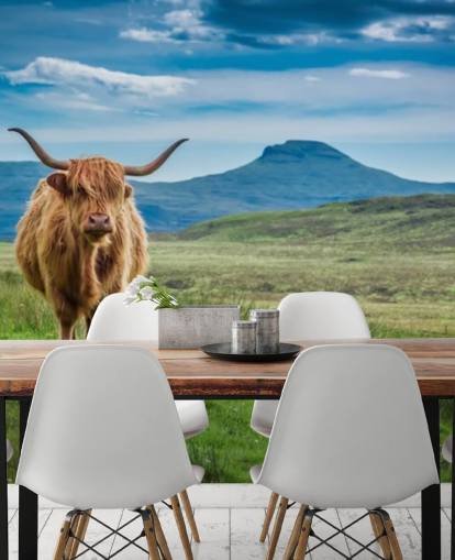 brown, blue and green customizable cow wallpaper mural called Grazing Highland Cow
