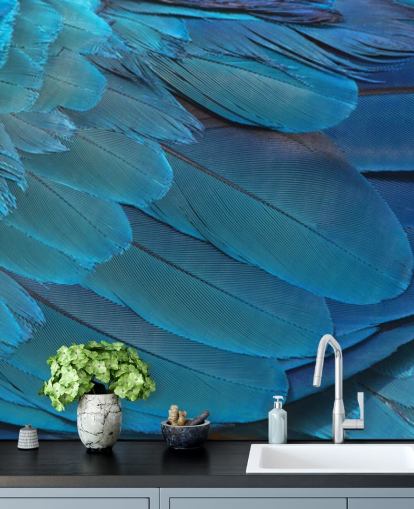 Papier Peint Imprimé Plumes Aras Bleu