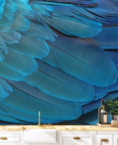 Carta da parati con stampa piuma di ara blu