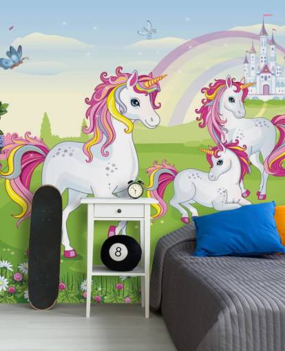 three cartoon unicorns in front of palace wallpaper three cartoon unicorns in front of palace wallpaper