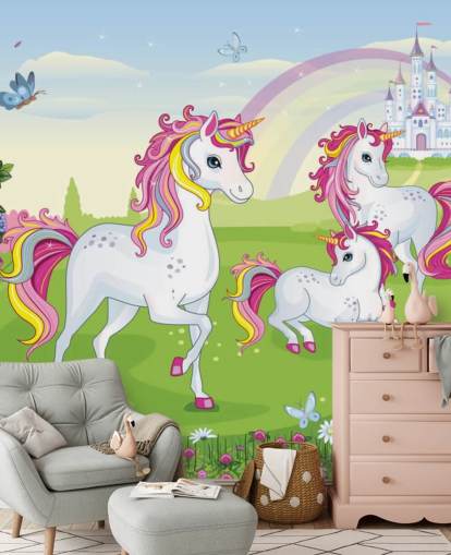 three cartoon unicorns in front of palace wallpaper