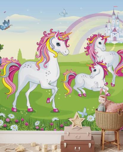 three cartoon unicorns in front of palace wallpaper three cartoon unicorns in front of palace wallpaper