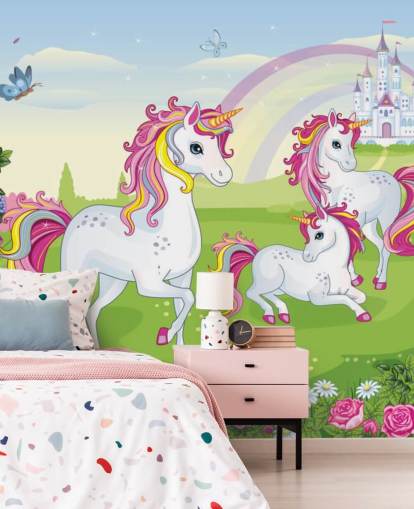 three cartoon unicorns in front of palace wallpaper