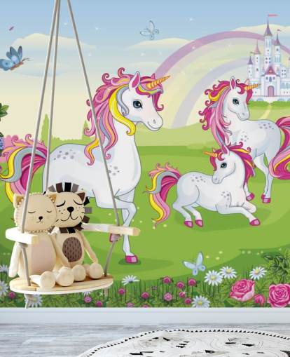 three cartoon unicorns in front of palace wallpaper