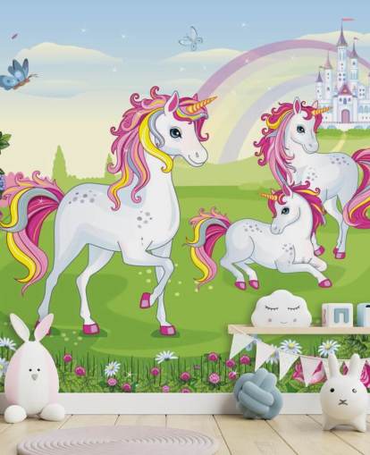 three cartoon unicorns in front of palace wallpaper