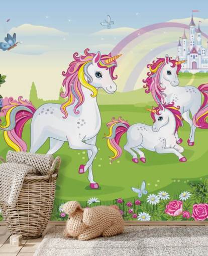 three cartoon unicorns in front of palace wallpaper three cartoon unicorns in front of palace wallpaper