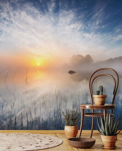 sunrise misty lake behang sunrise misty lake behang