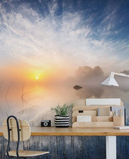 sunrise misty lake wallpaper