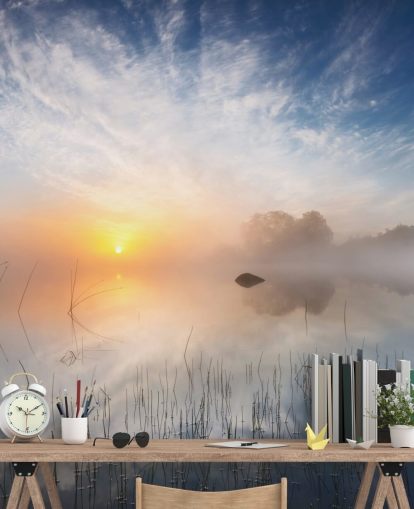 sunrise misty lake wallpaper
