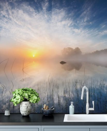 sunrise misty lake wallpaper