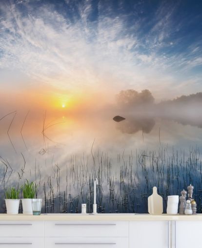 sunrise misty lake wallpaper