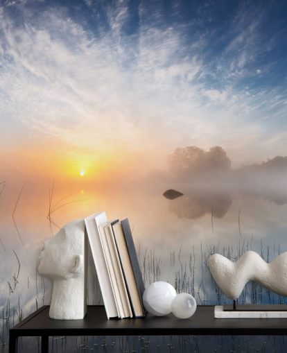 sunrise misty lake wallpaper
