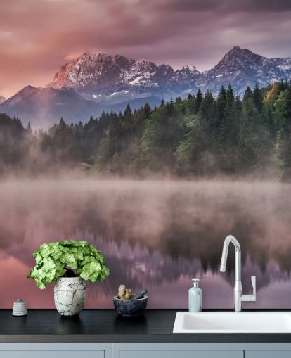 Misty Lake Sunset Wall Mural