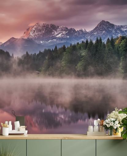Misty Lake Sunset Wall Mural