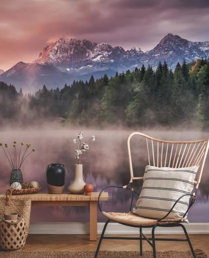 Misty Lake Sunset Wall Mural