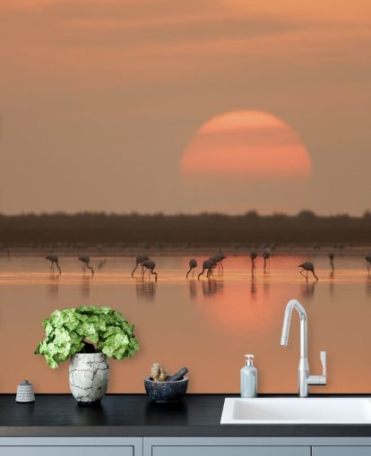 Flamingos by Sunrise Wall Mural