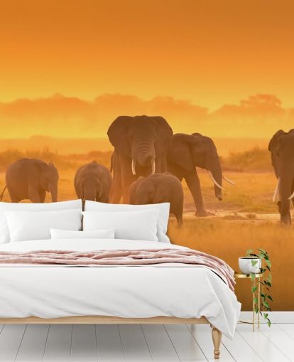 Decorazione murale con branco di elefanti nel tramonto 