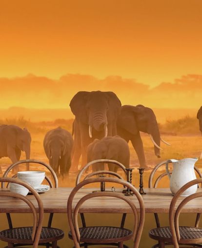 Elephant Flokk i Sunset Veggmaleri 