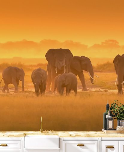 Elefant besætning i solnedgang vægmaleri 