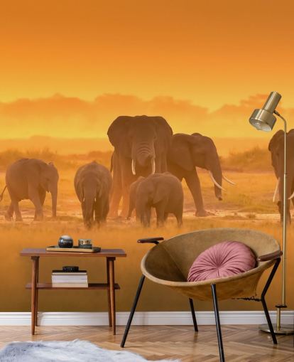 Decorazione murale con branco di elefanti nel tramonto 