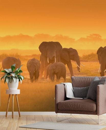 Décoration murale troupeau d'éléphants au coucher du soleil Décoration murale troupeau d'éléphants au coucher du soleil