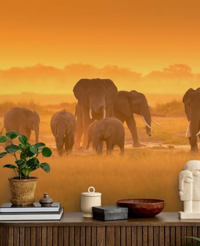 Decorazione murale con branco di elefanti nel tramonto Decorazione murale con branco di elefanti nel tramonto