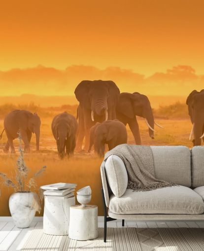 Elephant Flokk i Sunset Veggmaleri Elephant Flokk i Sunset Veggmaleri
