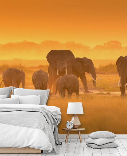 Décoration murale troupeau d'éléphants au coucher du soleil 