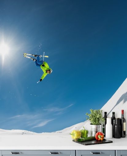 Skiër vliegende muurschildering