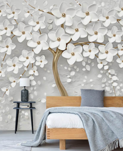 witte en gouden aanpasbare bloesembehangmuurschildering genaamd Monochrome Blossom voor slaapkamers