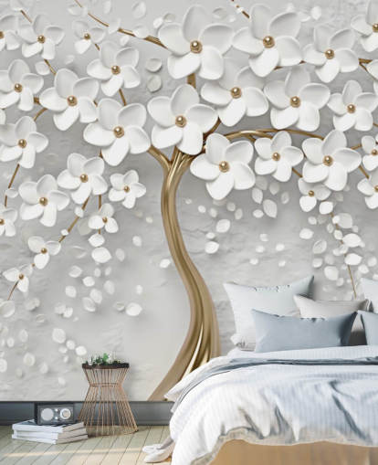 mural de papel pintado de flores personalizable en blanco y dorado llamado Monochrome Blossom para dormitorios