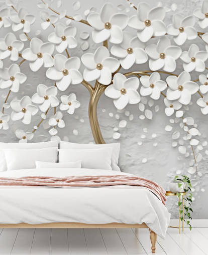 white and gold customisable blossom wallpaper mural called Monochrome Blossom for bedrooms