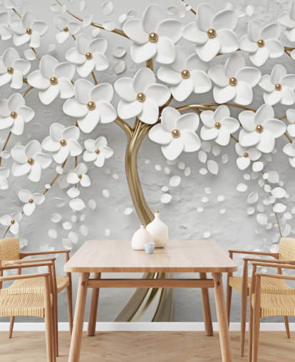 white and gold customisable blossom wallpaper mural called Monochrome Blossom for bedrooms