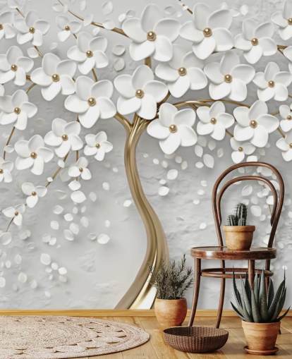 white and gold customisable blossom wallpaper mural called Monochrome Blossom for bedrooms