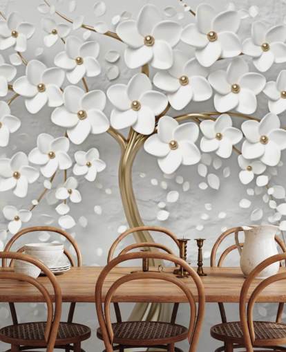 valkoinen ja kultainen muokattava kukka-taustakuvamaalaus nimeltä Monochrome Blossom makuuhuoneisiin