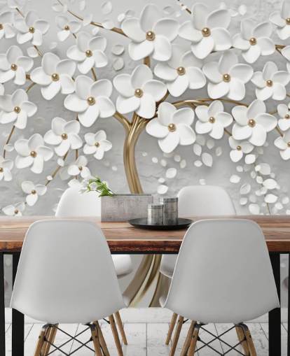 hvitt og gull tilpassbart blomstertapet veggmaleri kalt Monochrome Blossom for soverom