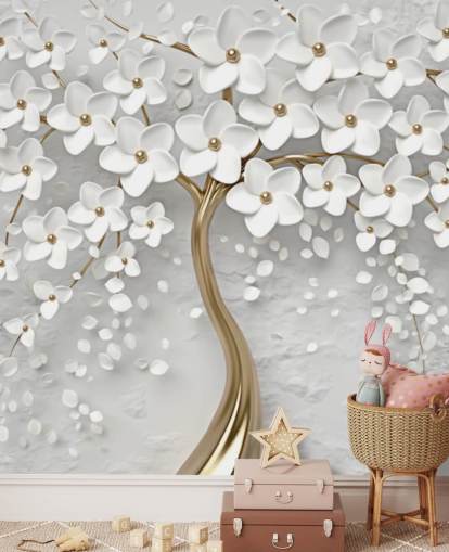 papier peint mural de fleurs personnalisable blanc et doré appelé Monochrome Blossom pour chambres