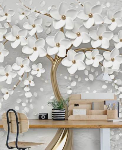 papier peint mural de fleurs personnalisable blanc et doré appelé Monochrome Blossom pour chambres papier peint mural de fleurs personnalisable blanc et doré appelé Monochrome Blossom pour chambres