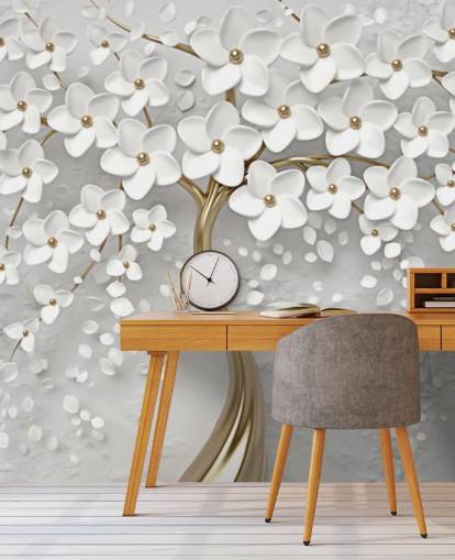 carta da parati murale personalizzabile con fiori bianchi e dorati chiamato Monochrome Blossom per camere da letto carta da parati murale personalizzabile con fiori bianchi e dorati chiamato Monochrome Blossom per camere da letto