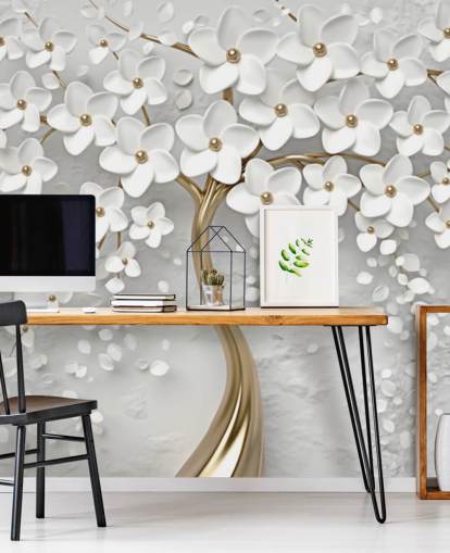 white and gold customisable blossom wallpaper mural called Monochrome Blossom for bedrooms