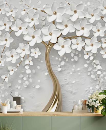 papier peint mural de fleurs personnalisable blanc et doré appelé Monochrome Blossom pour chambres