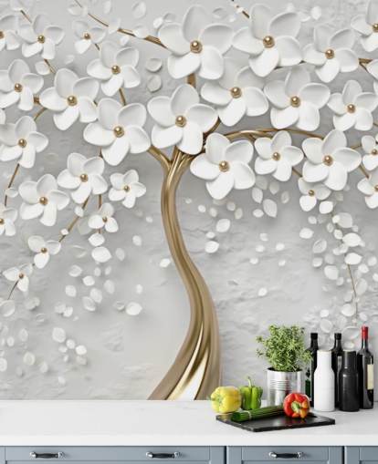 white and gold customisable blossom wallpaper mural called Monochrome Blossom for bedrooms