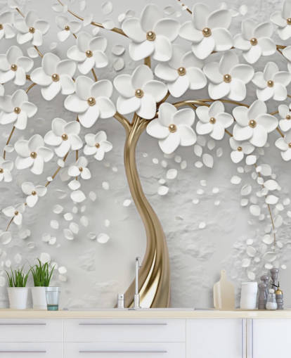 hvid og guld tilpasselig blomstertapet vægmaleri kaldet Monochrome Blossom til soveværelser