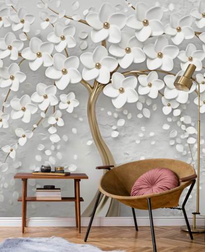 hvid og guld tilpasselig blomstertapet vægmaleri kaldet Monochrome Blossom til soveværelser hvid og guld tilpasselig blomstertapet vægmaleri kaldet Monochrome Blossom til soveværelser