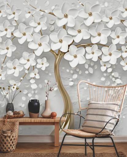 hvid og guld tilpasselig blomstertapet vægmaleri kaldet Monochrome Blossom til soveværelser