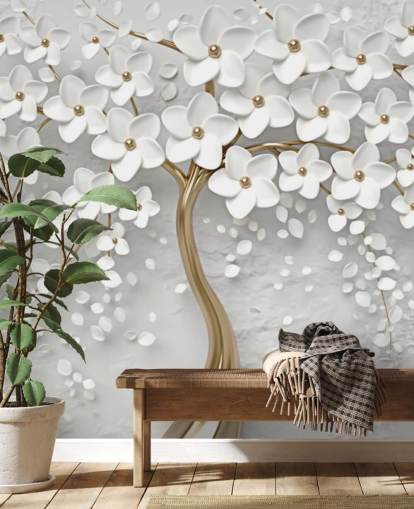 mural de papel pintado de flores personalizable en blanco y dorado llamado Monochrome Blossom para dormitorios