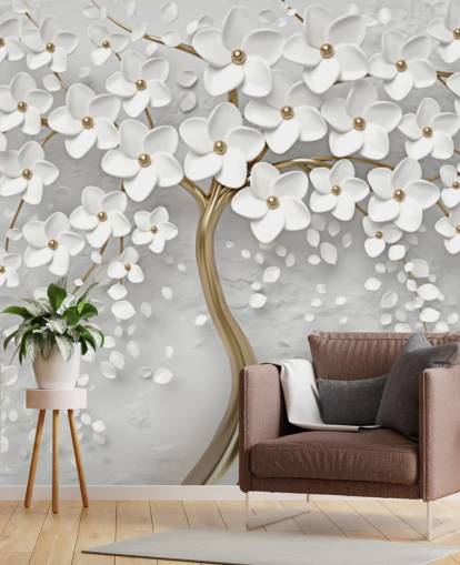 white and gold customisable blossom wallpaper mural called Monochrome Blossom for bedrooms